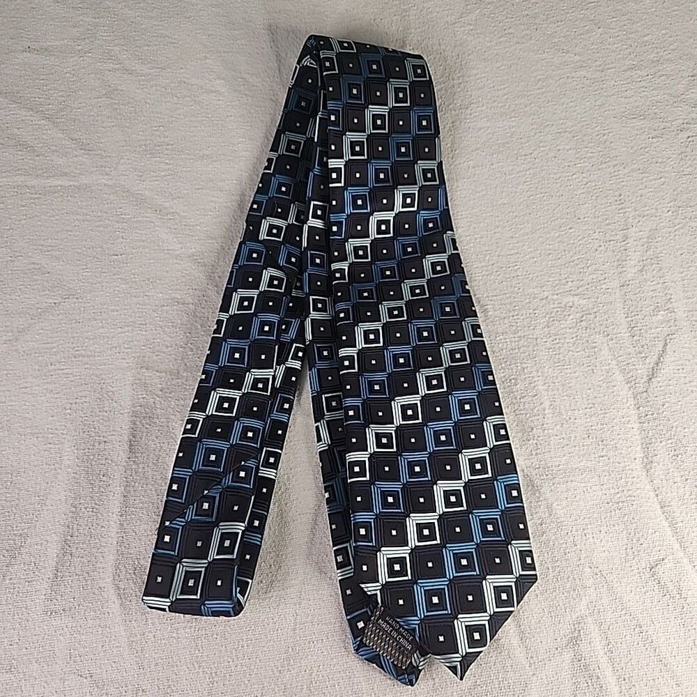 Necktie Covington Teal Black Gray Geometric Striped Polyester Tie Handmade 15099